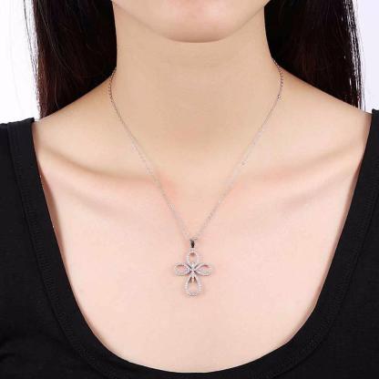 Solid Women’s 925 Sterling Silver Necklace with Cross Pattern CZ Pendant, Fashion Wedding Jewelry for Females, Trendy Pendant Necklace-Customized Jewel