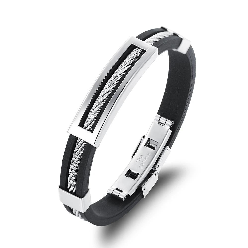 Wholesale Stainless Steel Men Jewelry Bracelets Genuine Silicone Leather Specail Button For Men Bracelet-Customized Jewel