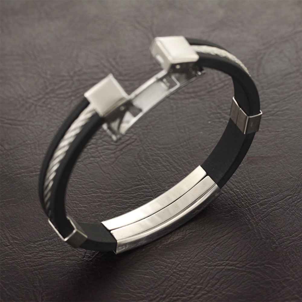 Wholesale Stainless Steel Men Jewelry Bracelets Genuine Silicone Leather Specail Button For Men Bracelet-Customized Jewel