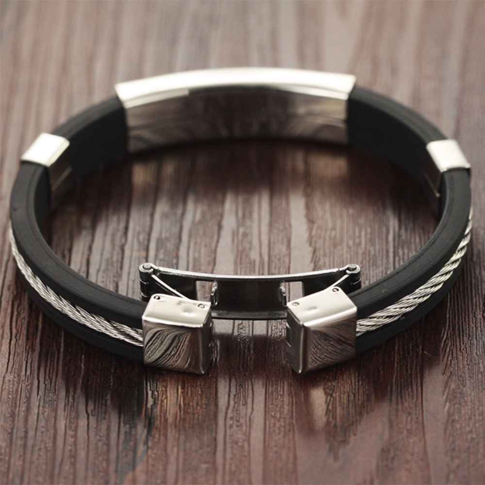 Wholesale Stainless Steel Men Jewelry Bracelets Genuine Silicone Leather Specail Button For Men Bracelet-Customized Jewel