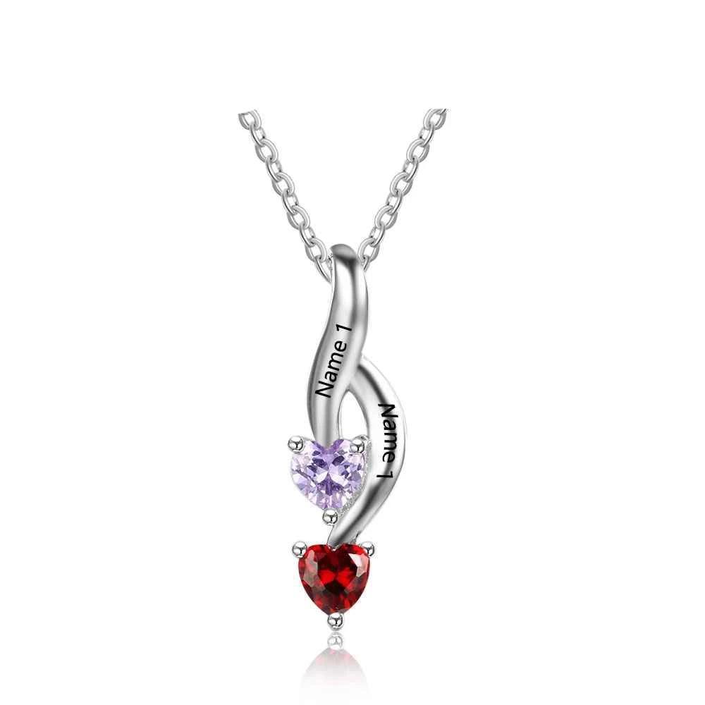 Personalized 925 Sterling Silver Fashion Necklace, Two Name & Two Heart Birthstone Engraved Pendant, Jewelry Gift for Her-Customized Jewel