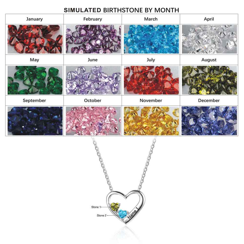 Personalized 925 Sterling Silver 2 Birthstone Necklace Pendants Engraved Heart BirthStones Necklace Mom Gift-Customized Jewel