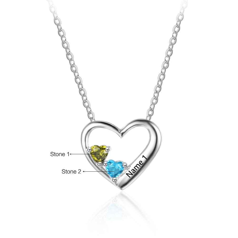 Personalized 925 Sterling Silver 2 Birthstone Necklace Pendants Engraved Heart BirthStones Necklace Mom Gift-Customized Jewel