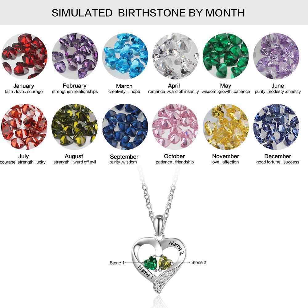 Personalized 925 Sterling Silver 2 Birthstone Necklace Pendants Engraved Heart BirthStones Necklace Mom Gift-Customized Jewel