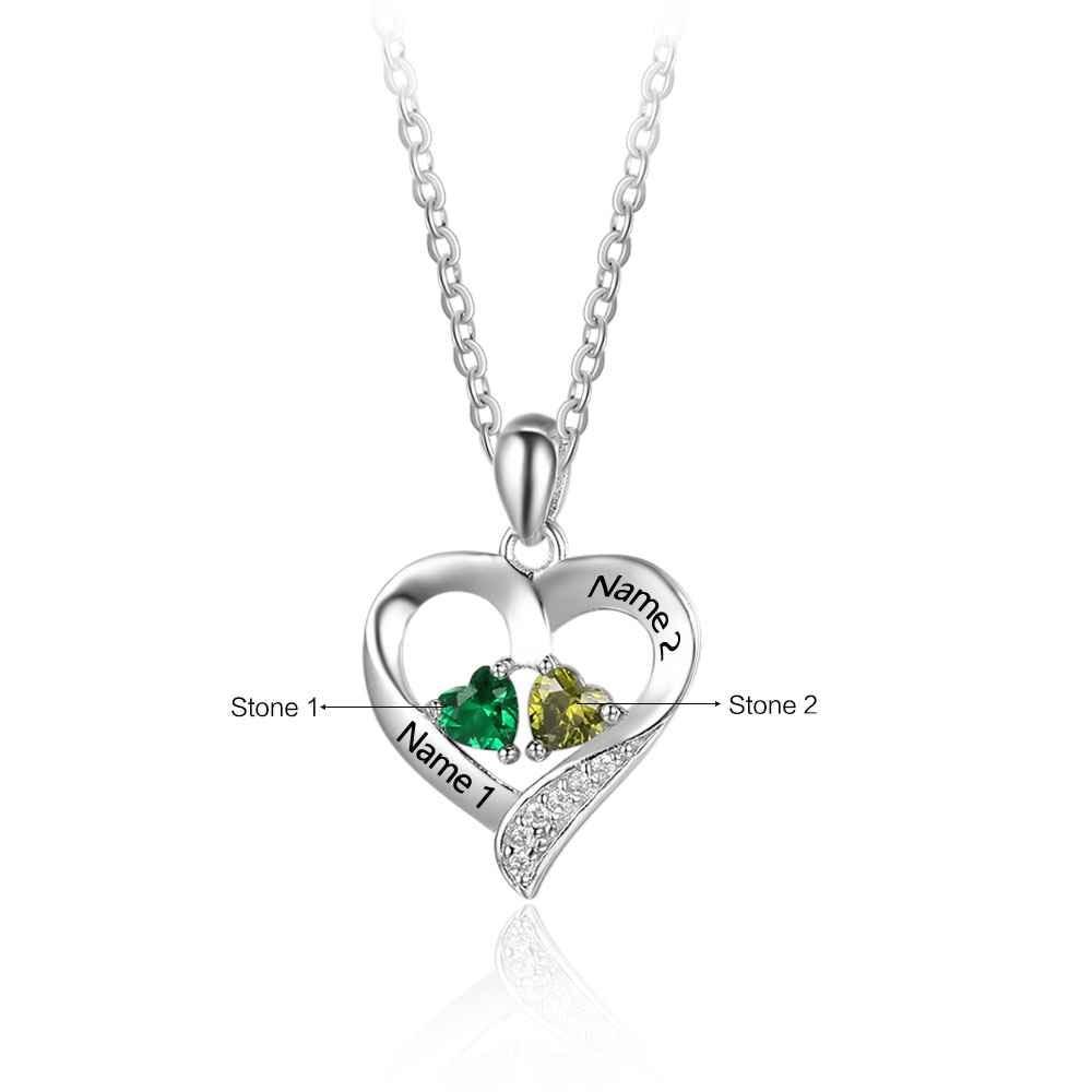 Personalized 925 Sterling Silver 2 Birthstone Necklace Pendants Engraved Heart BirthStones Necklace Mom Gift-Customized Jewel