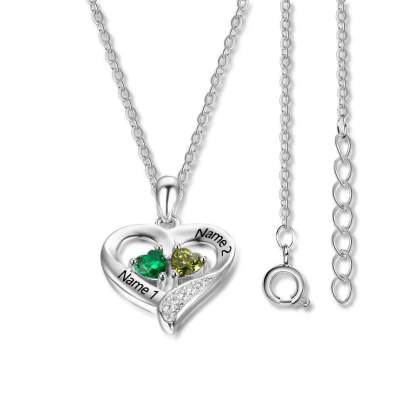 Personalized 925 Sterling Silver 2 Birthstone Necklace Pendants Engraved Heart BirthStones Necklace Mom Gift-Customized Jewel