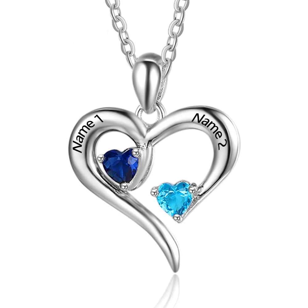 Personalized 925 Sterling Silver 2 Birthstone Necklace Pendants Engraved Heart BirthStones Jewelry Mom Gift-Customized Jewel
