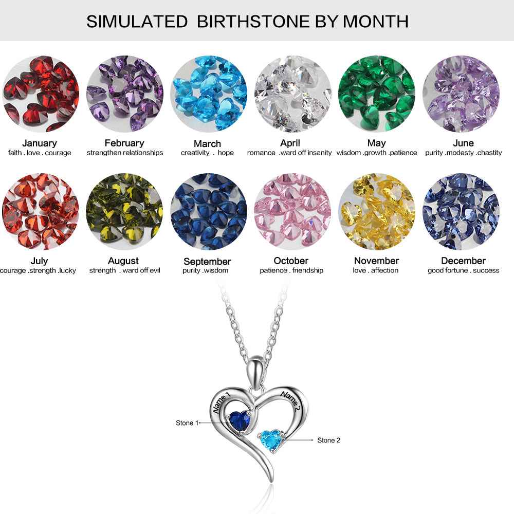 Sterling Silver 2 Birthstone Necklace Pendants Engraved Heart BirthStones Gift-Customized Jewel