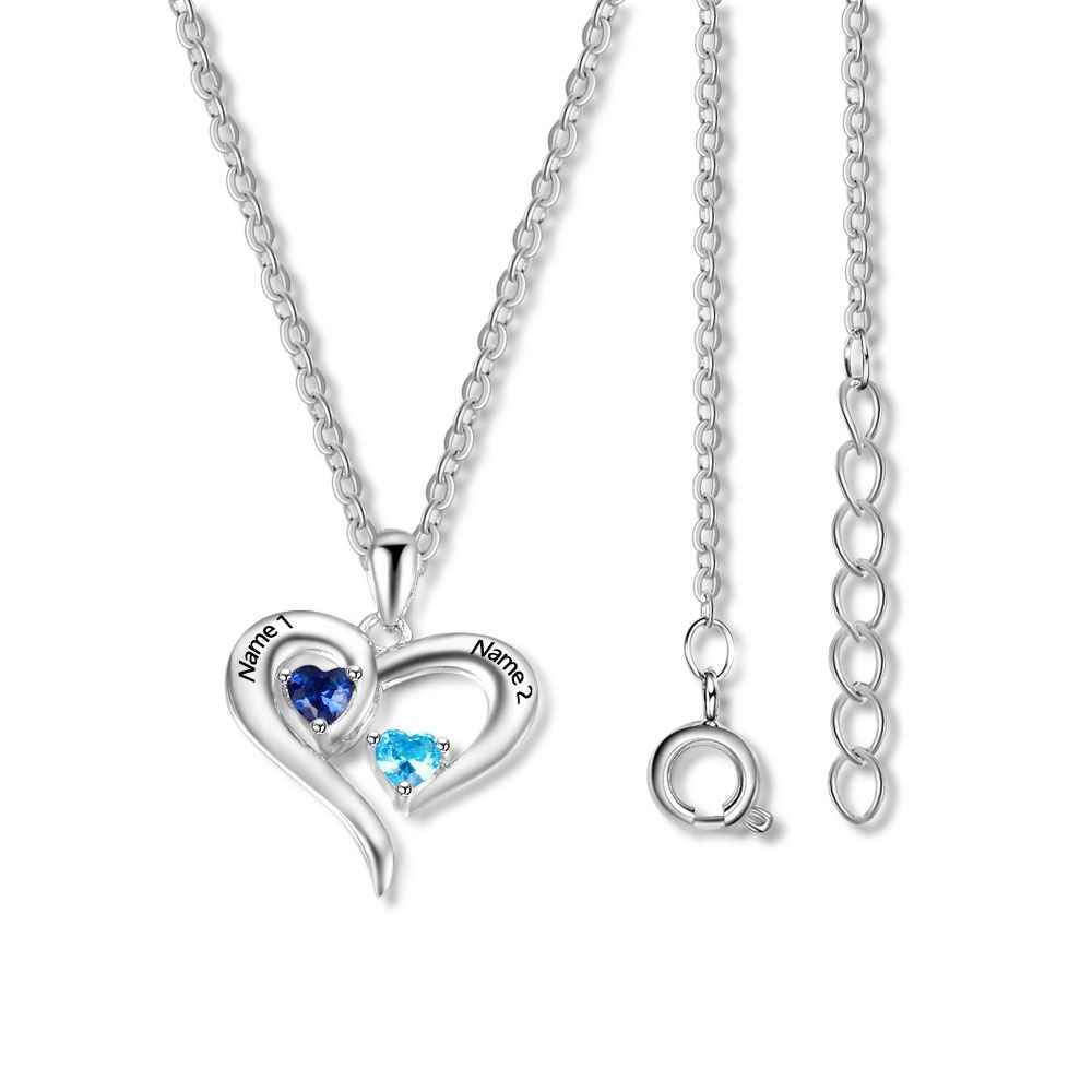 Sterling Silver 2 Birthstone Necklace Pendants Engraved Heart BirthStones Gift-Customized Jewel