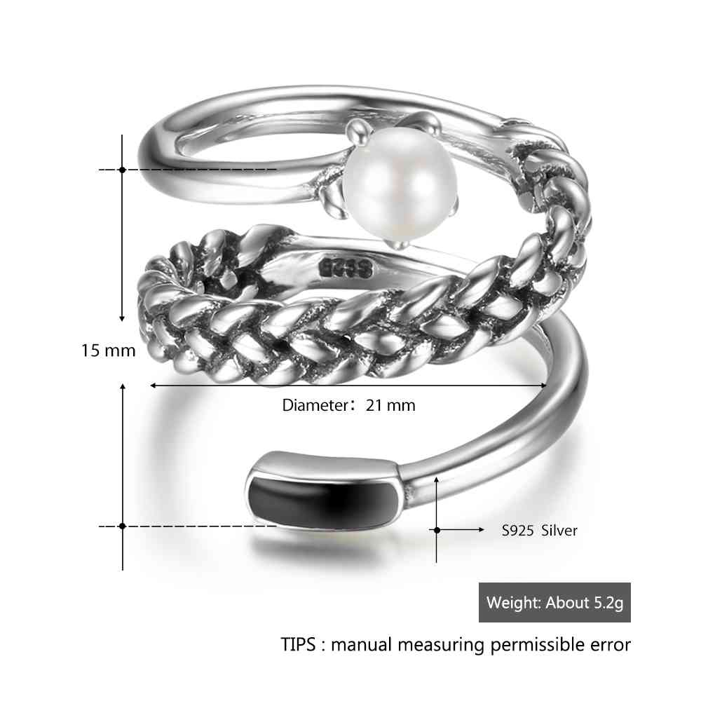 New Women Real 925 Sterling Silver Ring Old Twist Open Ring with Simulated Pearl Vintage Style Jewelry Gift-Customized Jewel