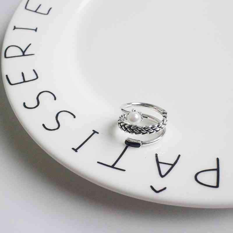 New Women Real 925 Sterling Silver Ring Old Twist Open Ring with Simulated Pearl Vintage Style Jewelry Gift-Customized Jewel