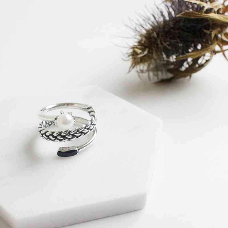 New Women Real 925 Sterling Silver Ring Old Twist Open Ring with Simulated Pearl Vintage Style Jewelry Gift-Customized Jewel