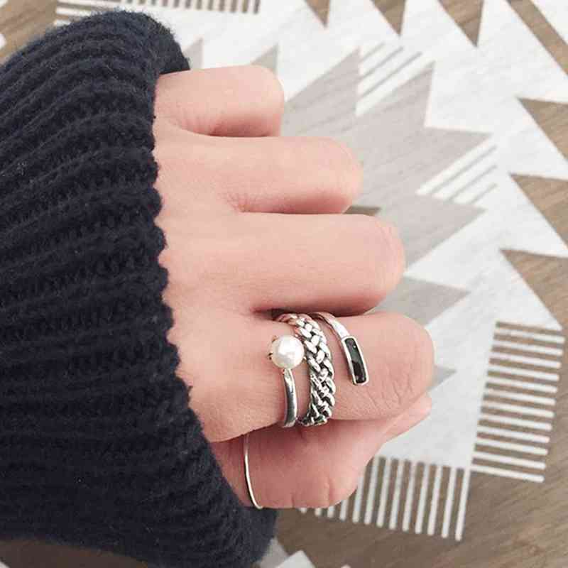 New Women Real 925 Sterling Silver Ring Old Twist Open Ring with Simulated Pearl Vintage Style Jewelry Gift-Customized Jewel