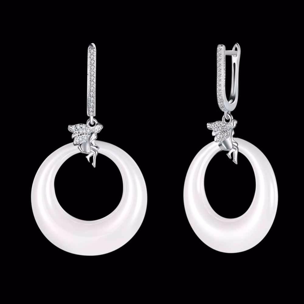 925 Sterling Silver Female Drop Earrings Little Angel White Round Ceramic-Customized Jewel