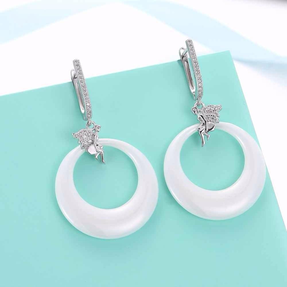 925 Sterling Silver Female Drop Earrings Little Angel White Round Ceramic-Customized Jewel