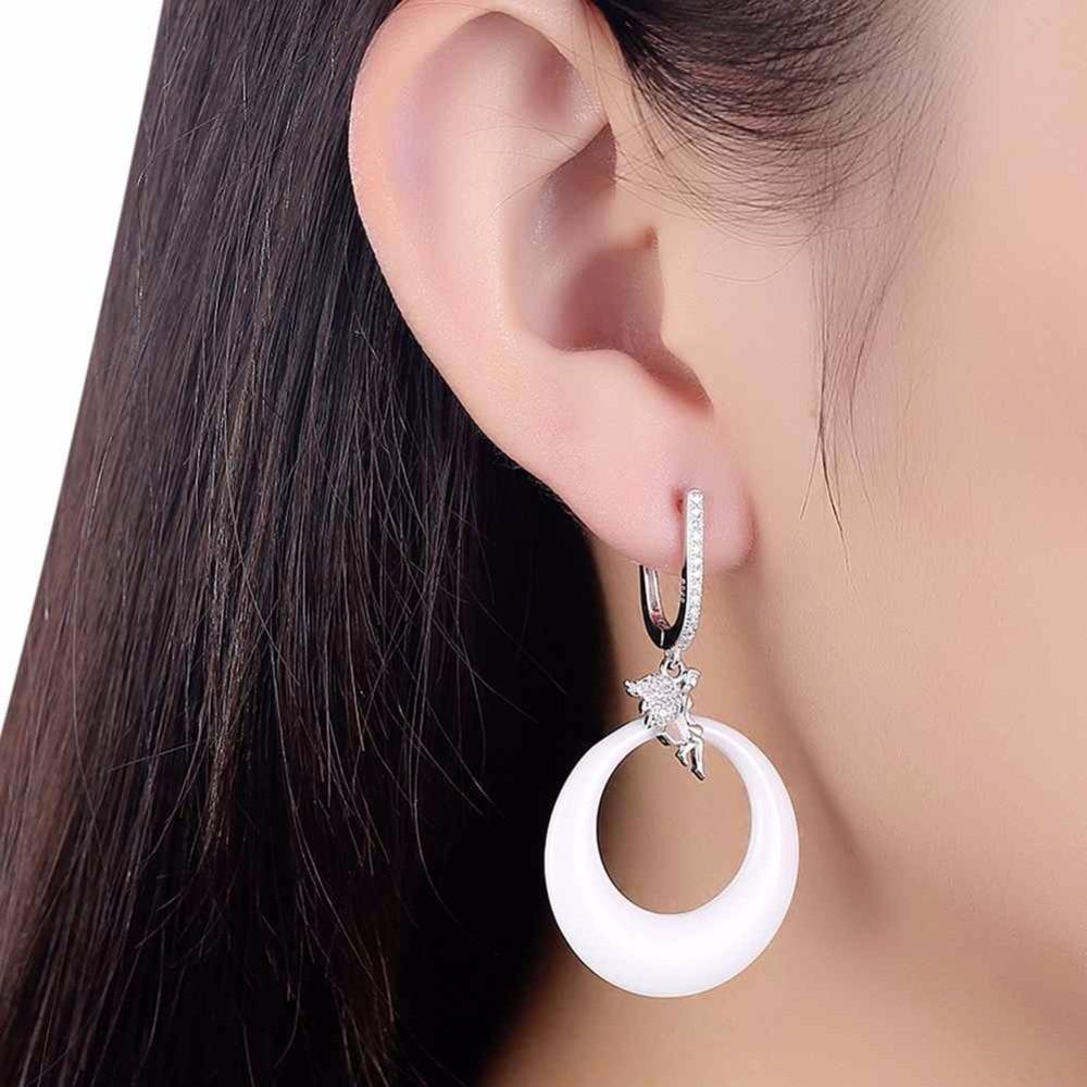 925 Sterling Silver Female Drop Earrings Little Angel White Round Ceramic-Customized Jewel