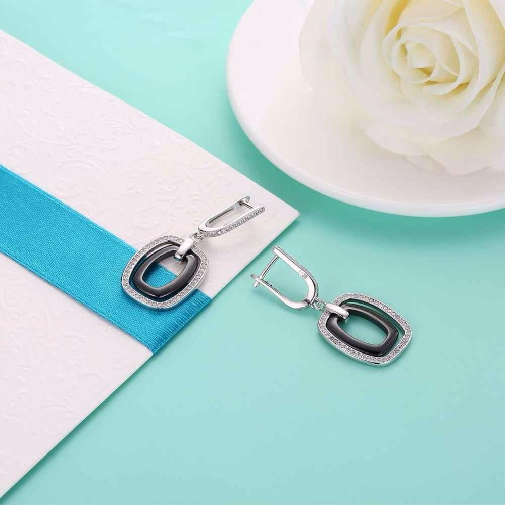 925 Sterling Silver Black Rectangular Drop Earring, Vintage Fashion Jewelry for Women, Gift for Her-Customized Jewel