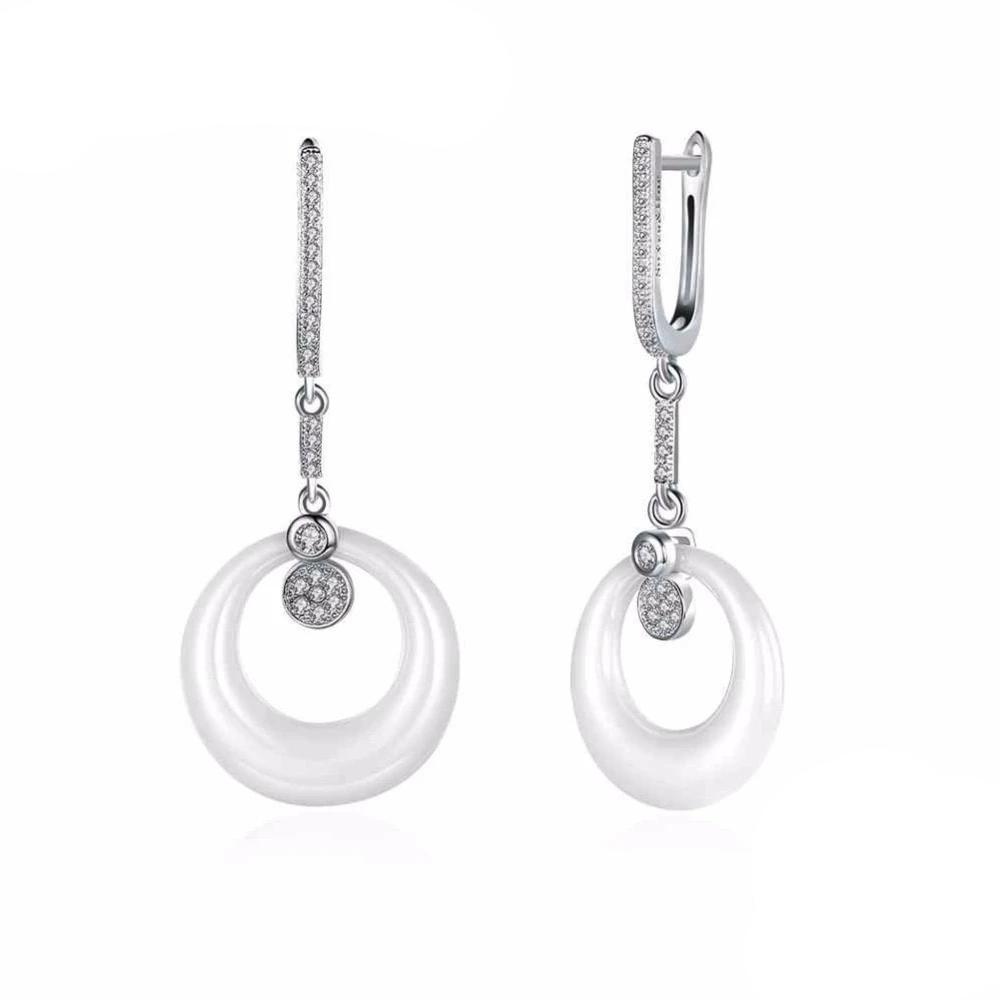 Sterling Silver Drop Earrings White Round Ceramic with Cubic Zirconia Dangle Drop Earring-Customized Jewel