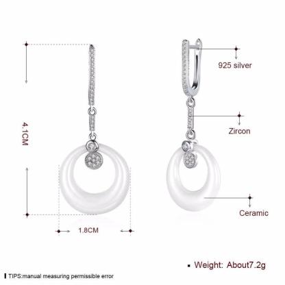 Sterling Silver Drop Earrings White Round Ceramic with Cubic Zirconia Dangle Drop Earring-Customized Jewel
