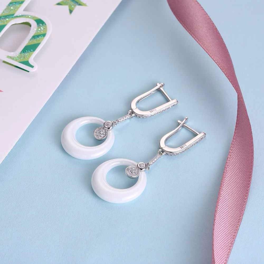 Sterling Silver Drop Earrings White Round Ceramic with Cubic Zirconia Dangle Drop Earring-Customized Jewel