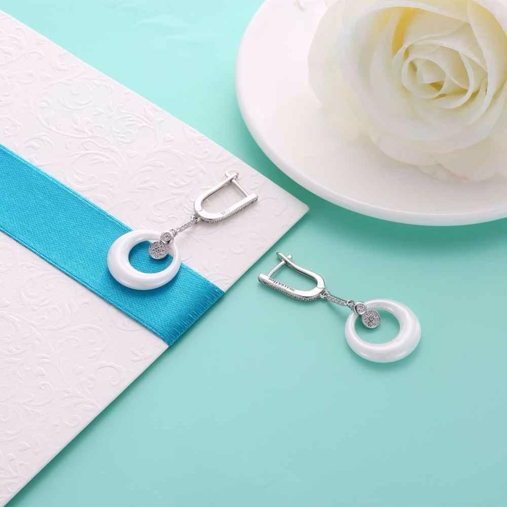 Sterling Silver Drop Earrings White Round Ceramic with Cubic Zirconia Dangle Drop Earring-Customized Jewel