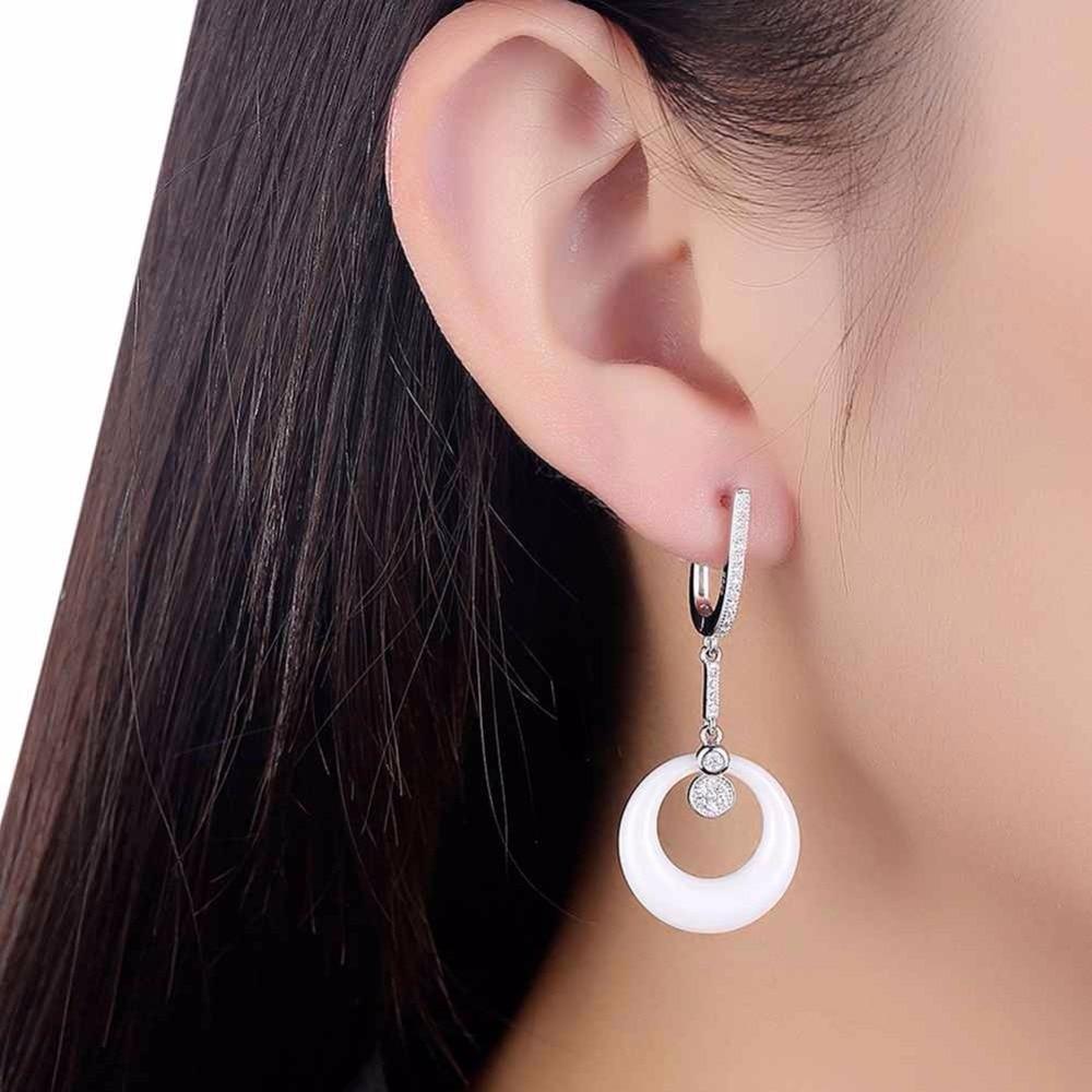 Sterling Silver Drop Earrings White Round Ceramic with Cubic Zirconia Dangle Drop Earring-Customized Jewel