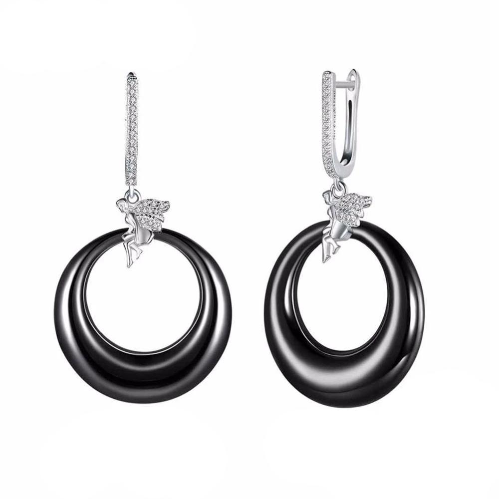 Women’s 925 Sterling Silver Drop Earrings with Angel Black Round Ceramic Dangler, Trendy Jewelry for Females-Customized Jewel
