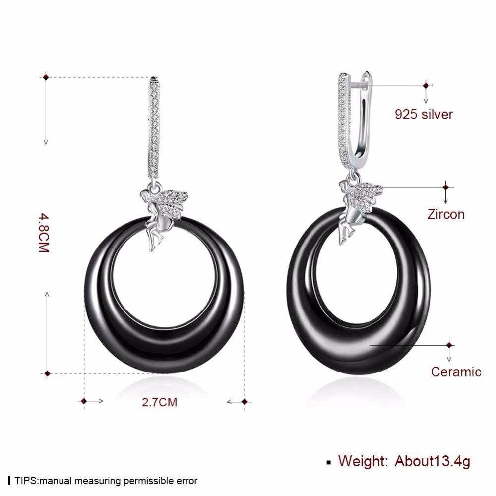 Women’s 925 Sterling Silver Drop Earrings with Angel Black Round Ceramic Dangler, Trendy Jewelry for Females-Customized Jewel