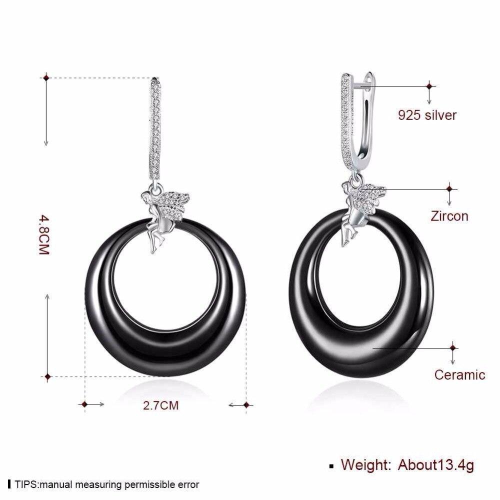 Women’s 925 Sterling Silver Drop Earrings with Angel Black Round Ceramic Dangler, Trendy Jewelry for Females-Customized Jewel