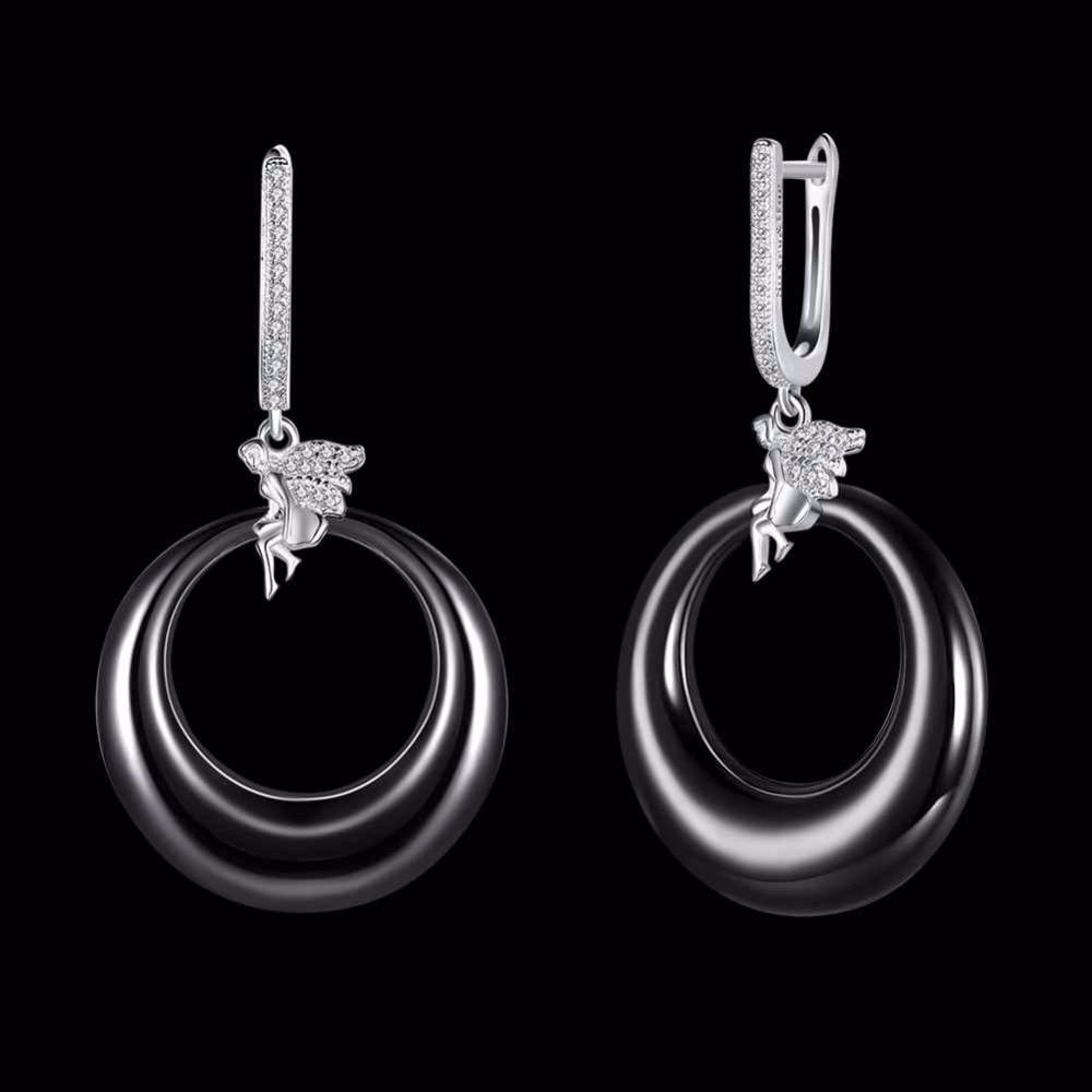 Women’s 925 Sterling Silver Drop Earrings with Angel Black Round Ceramic Dangler, Trendy Jewelry for Females-Customized Jewel