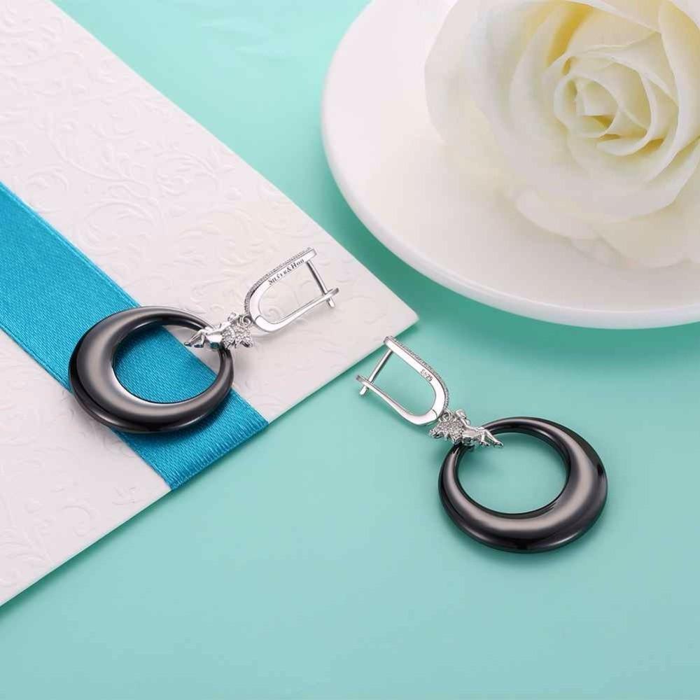 Women’s 925 Sterling Silver Drop Earrings with Angel Black Round Ceramic Dangler, Trendy Jewelry for Females-Customized Jewel