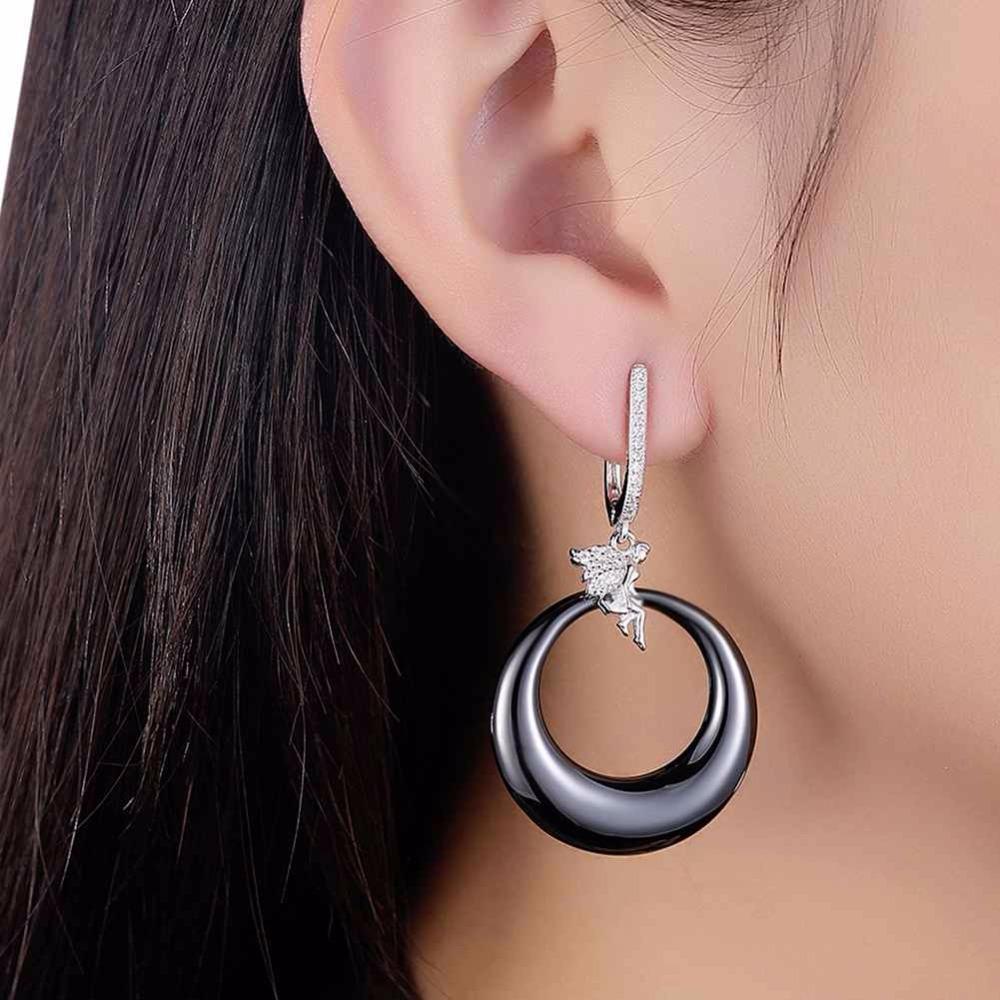 Women’s 925 Sterling Silver Drop Earrings with Angel Black Round Ceramic Dangler, Trendy Jewelry for Females-Customized Jewel