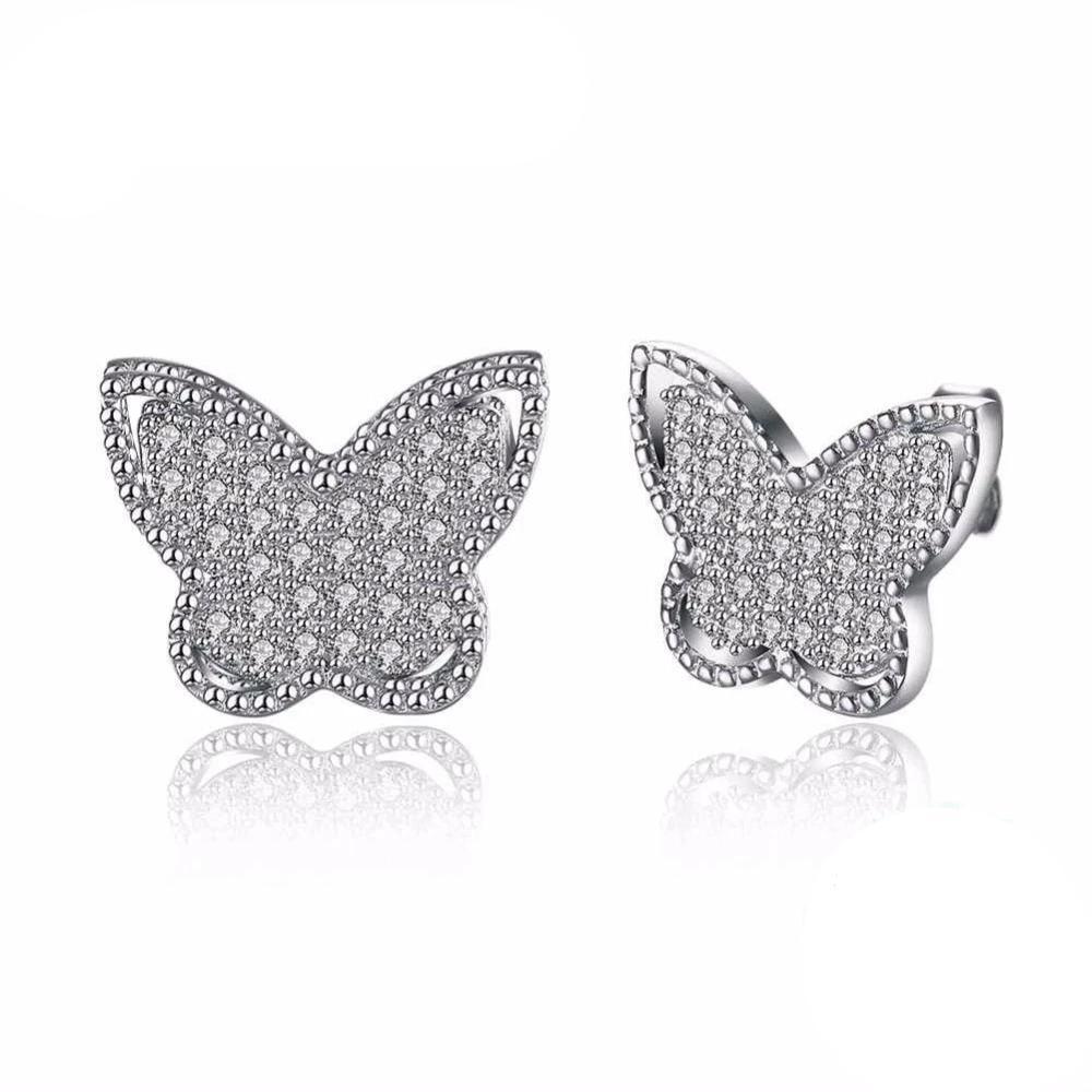 Solid 925 Sterling Silver Stud Earring Butterfly Design Cubic Zirconia Party Jewelry Earrings For Women-Customized Jewel