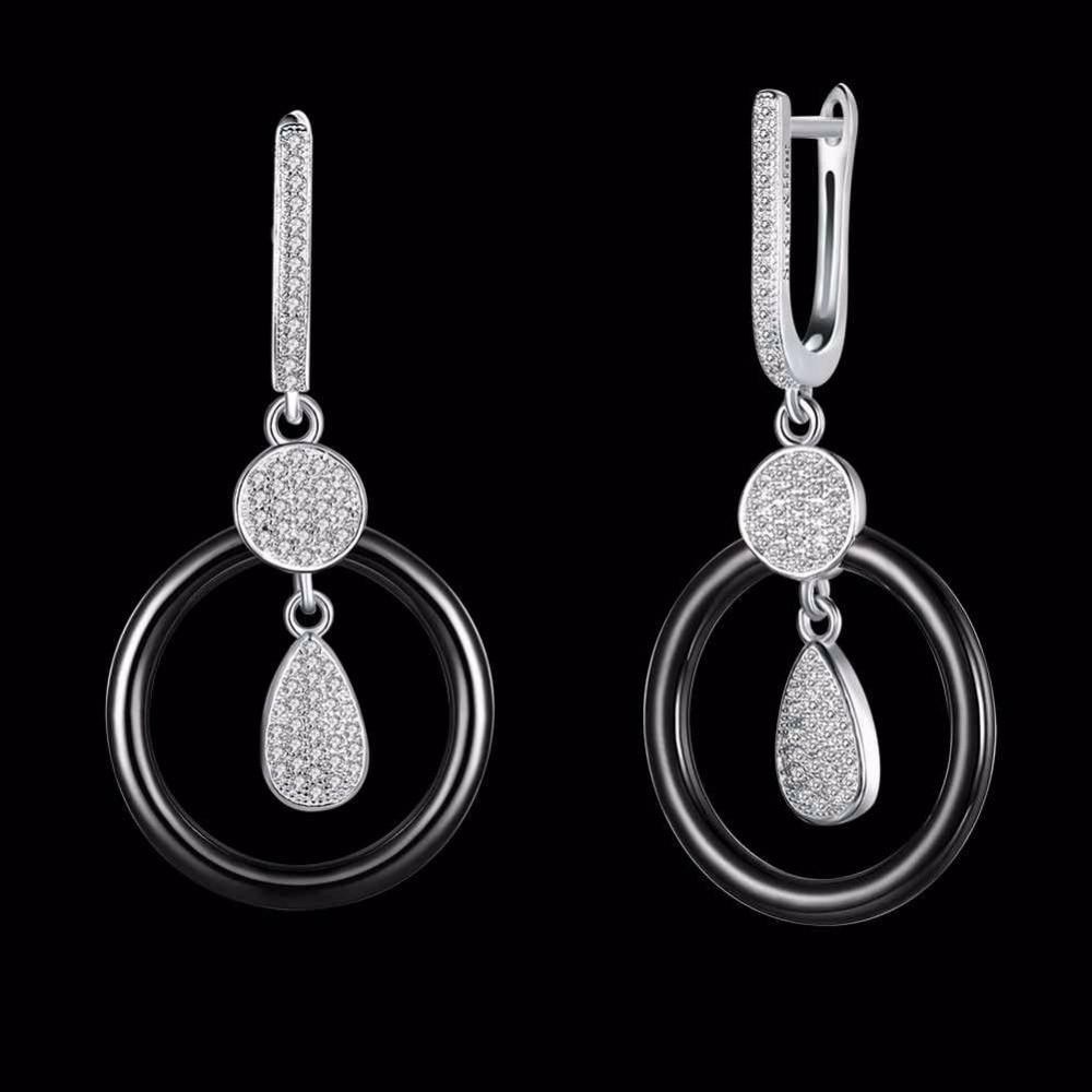 925 Sterling Silver Black Ceramic Round Drop Earring, Water Droplet Style Dangle Jewelry for Women, Gift for Her-Customized Jewel