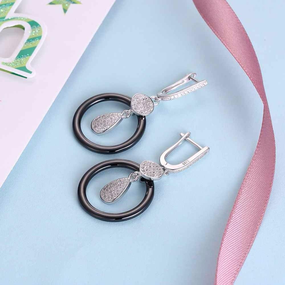 925 Sterling Silver Black Ceramic Round Drop Earring, Water Droplet Style Dangle Jewelry for Women, Gift for Her-Customized Jewel