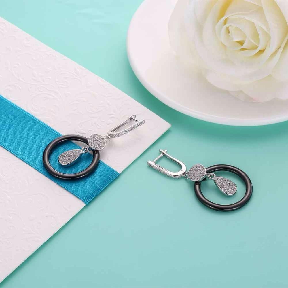 925 Sterling Silver Black Ceramic Round Drop Earring, Water Droplet Style Dangle Jewelry for Women, Gift for Her-Customized Jewel