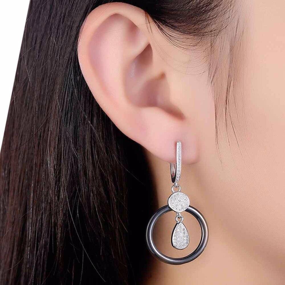 925 Sterling Silver Black Ceramic Round Drop Earring, Water Droplet Style Dangle Jewelry for Women, Gift for Her-Customized Jewel