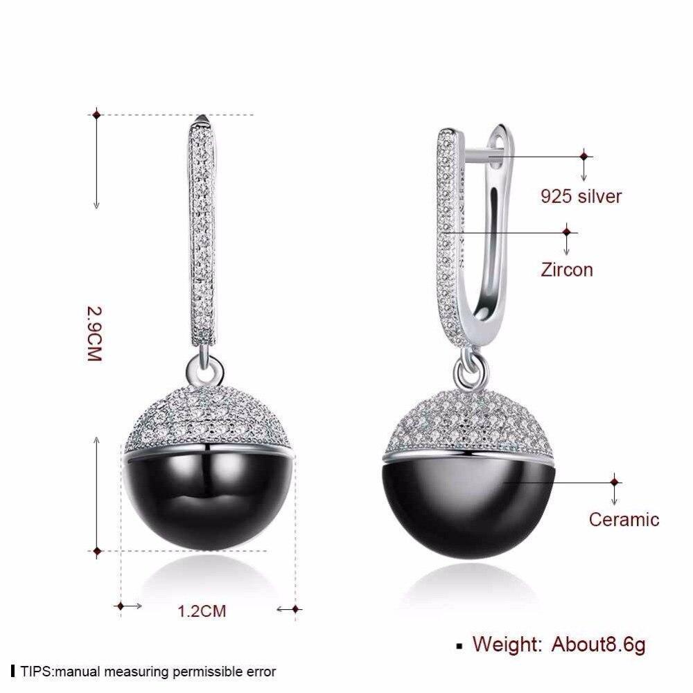 Sterling Silver Drop Earrings Zircon Black Ball Ceramic Dangles Fine Jewelry Accessories Gift-Customized Jewel