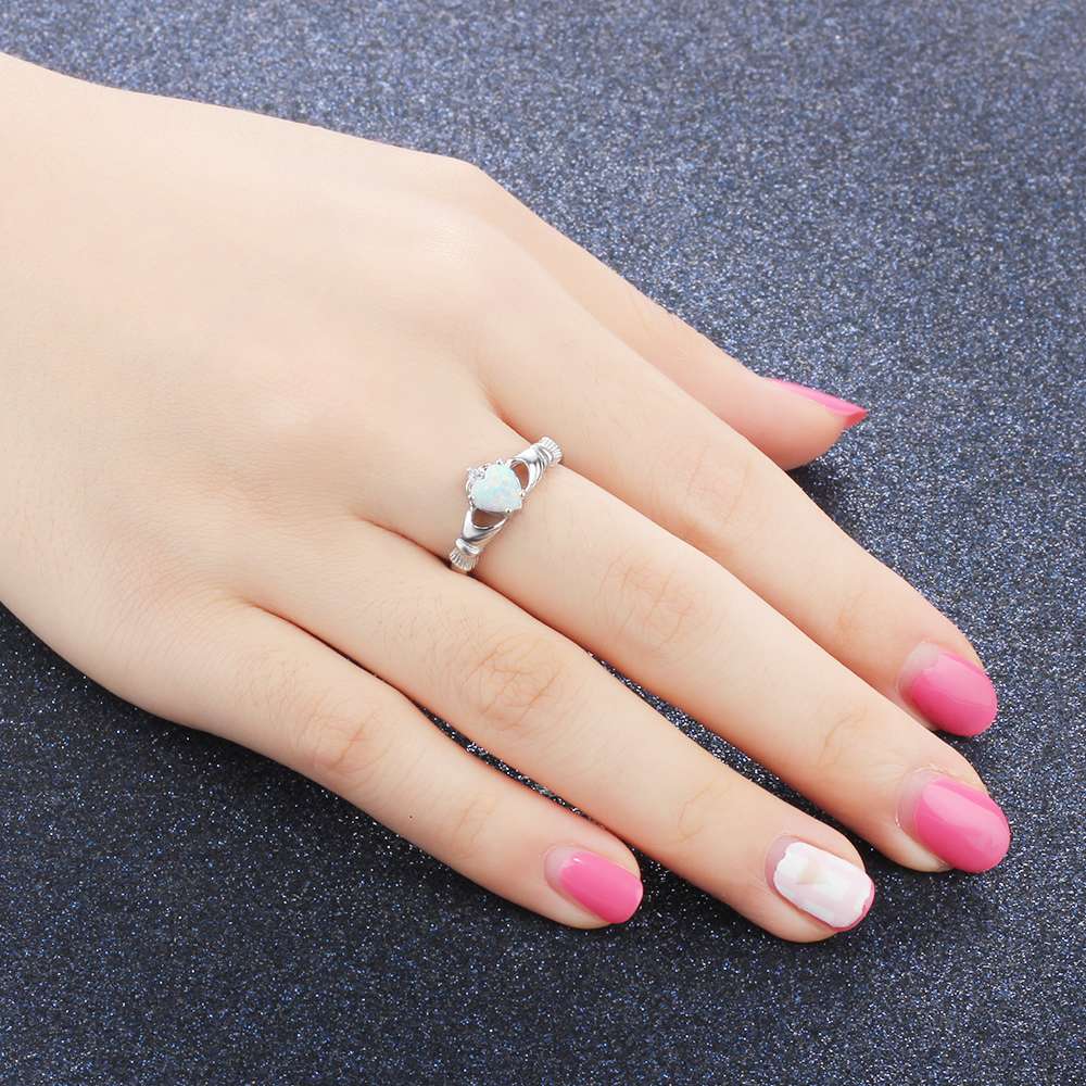 925 Sterling Silver Heart Opal Stone Claddagh Ring, Fashion Jewelry Gift for Women-Customized Jewel