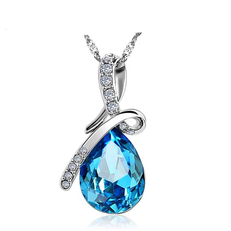 Rhodium Plated Fashion Necklace with Blue Crystal Water Drop Pendant, Gift Ideas for Women-Customized Jewel