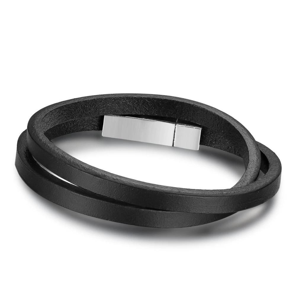 Trendy Stainless Steel & Genuine Leather Men’s Bracelets, Black Wrap Wristband Accessory for Men-Customized Jewel