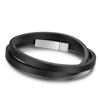 Trendy Stainless Steel & Genuine Leather Men’s Bracelets, Black Wrap Wristband Accessory for Men-Customized Jewel