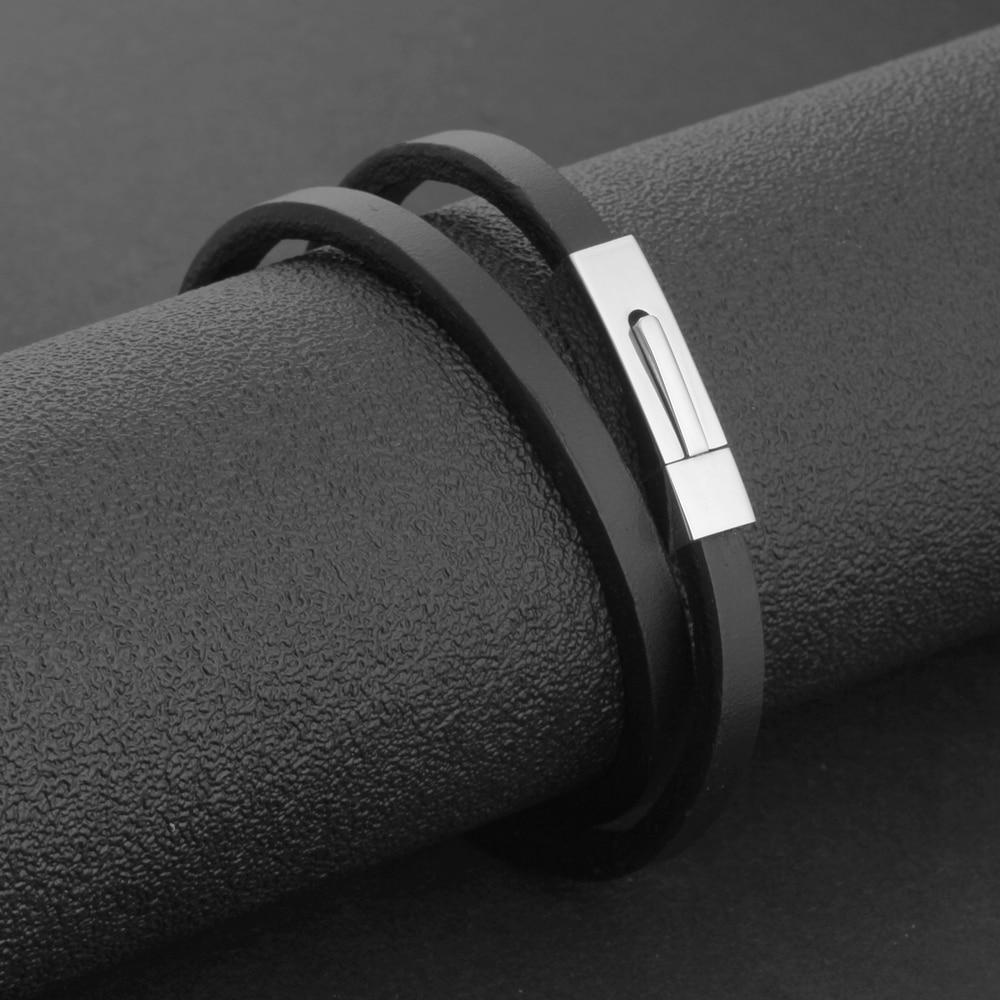 Trendy Stainless Steel & Genuine Leather Men’s Bracelets, Black Wrap Wristband Accessory for Men-Customized Jewel