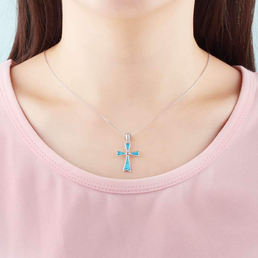 925 Sterling Silver Blue Opal Stone Cross Pendant Necklace, Unisex Jewelry Gift-Customized Jewel