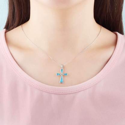 925 Sterling Silver Blue Opal Stone Cross Pendant Necklace, Unisex Jewelry Gift-Customized Jewel