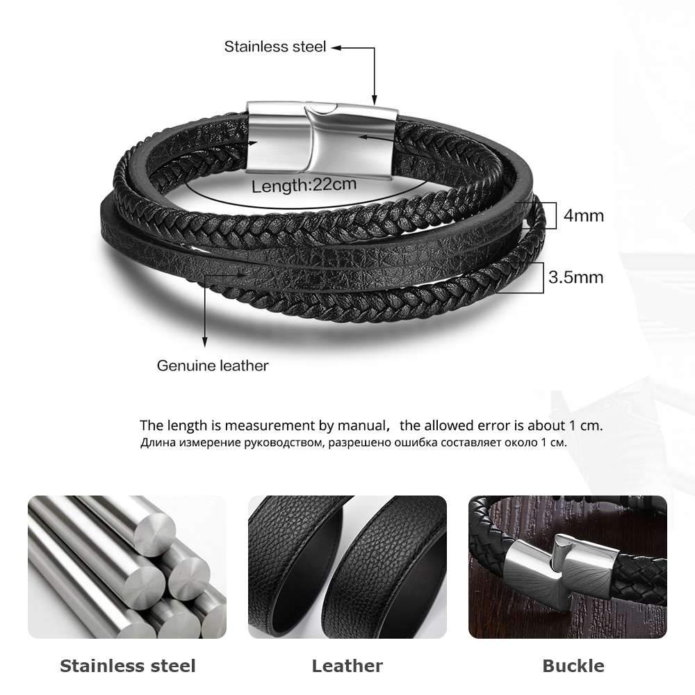 Stainless Steel Genuine Leather Bracelets for Men, Weave Pattern Wrap Wristbands, Gift for Your Man-Customized Jewel