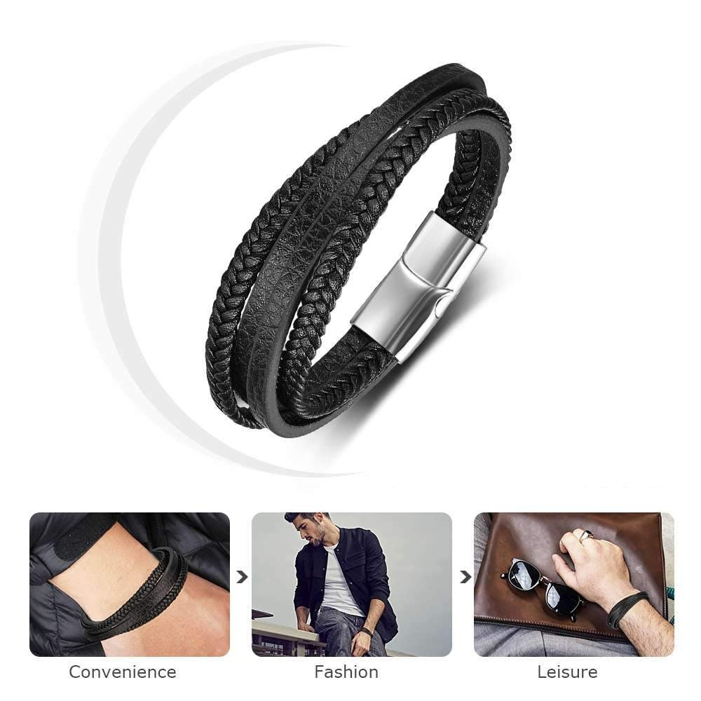 Stainless Steel Genuine Leather Bracelets for Men, Weave Pattern Wrap Wristbands, Gift for Your Man-Customized Jewel