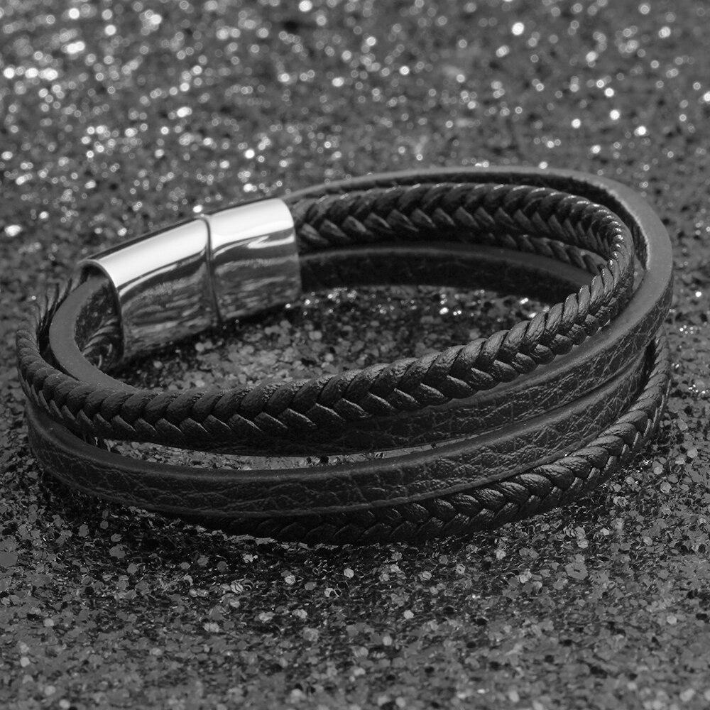 Stainless Steel Genuine Leather Bracelets for Men, Weave Pattern Wrap Wristbands, Gift for Your Man-Customized Jewel