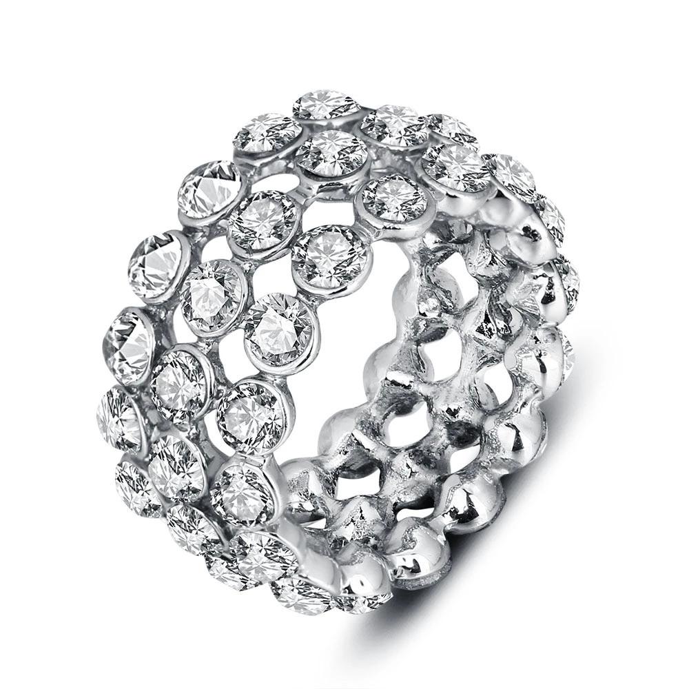 Luxurious Zinc Alloy Rhodium Plated Rings for Women with 3 Rows of Shiny White Cubic Zirconia Stones – Trendy Jewelry Gift-Customized Jewel