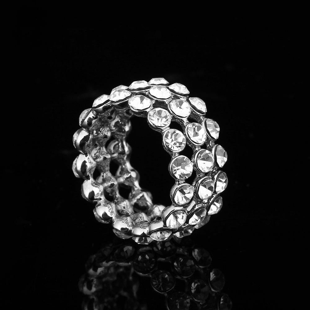 Luxurious Zinc Alloy Rhodium Plated Rings for Women with 3 Rows of Shiny White Cubic Zirconia Stones – Trendy Jewelry Gift-Customized Jewel